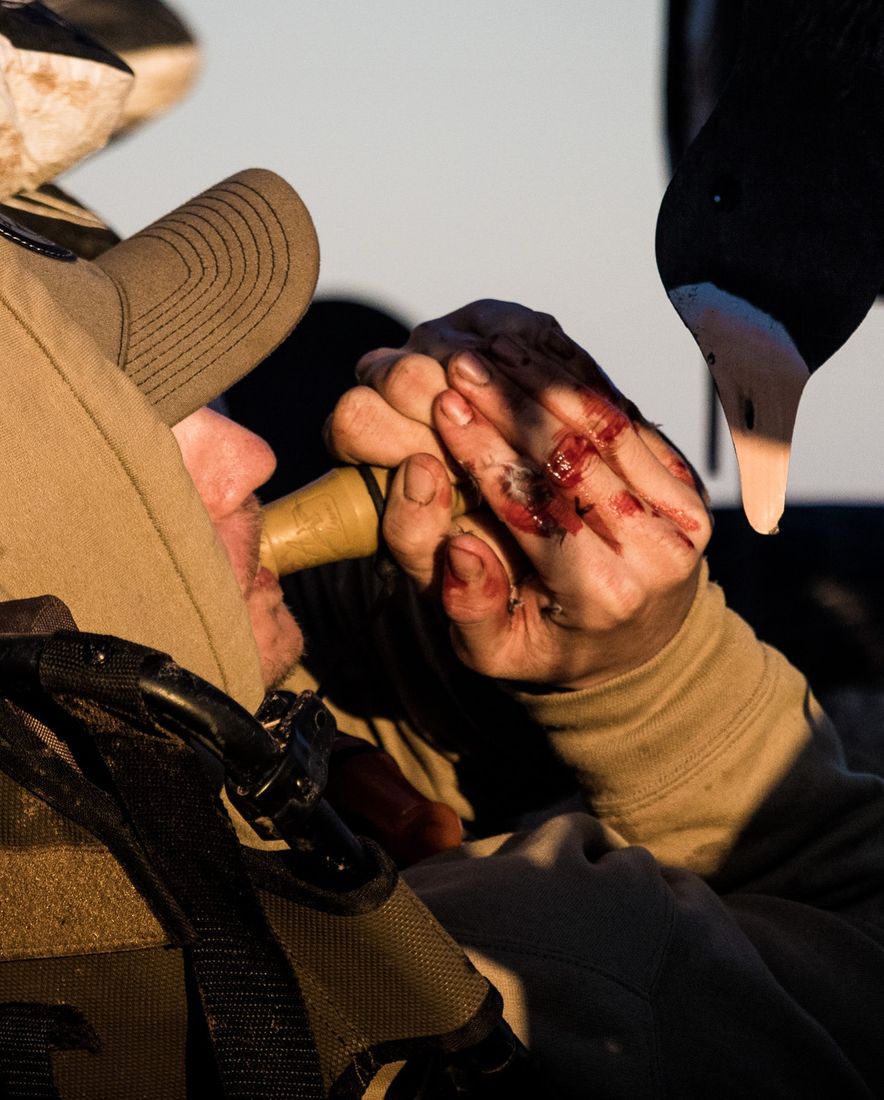 Hunter blowing a goose call over the decoy spread
