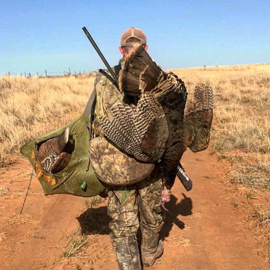 Hunter walking out with his turkey