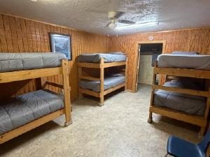Bunk room with cedar walls and ceiling fan
