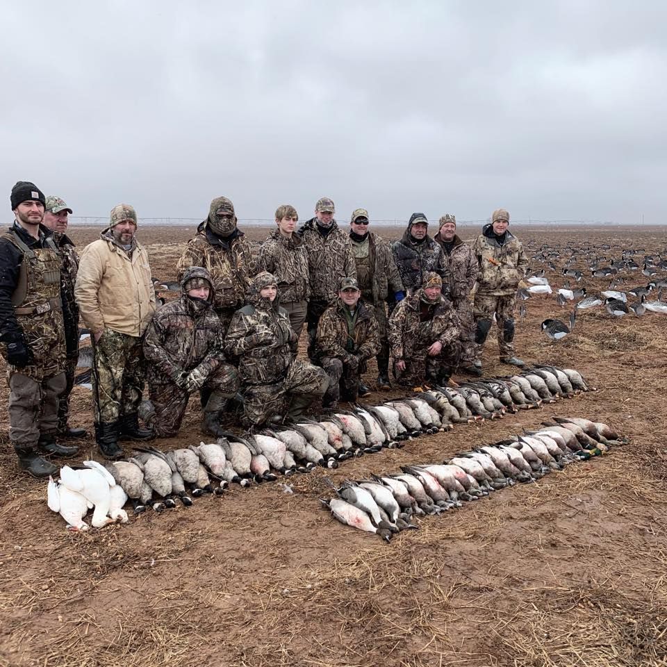 A 14-hunter group at the Big Honker Lodge with a full limit of geese and ducks